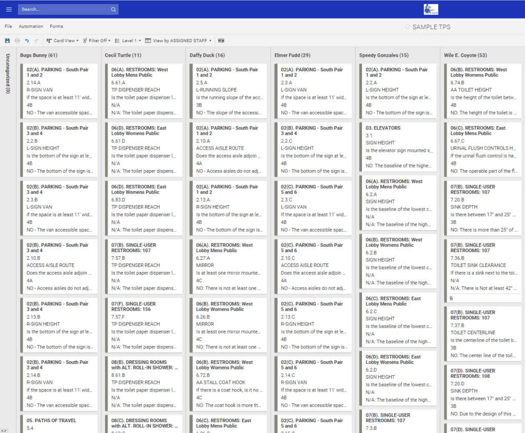 Transition Plan Spreadsheet card view, organized by assigned staff