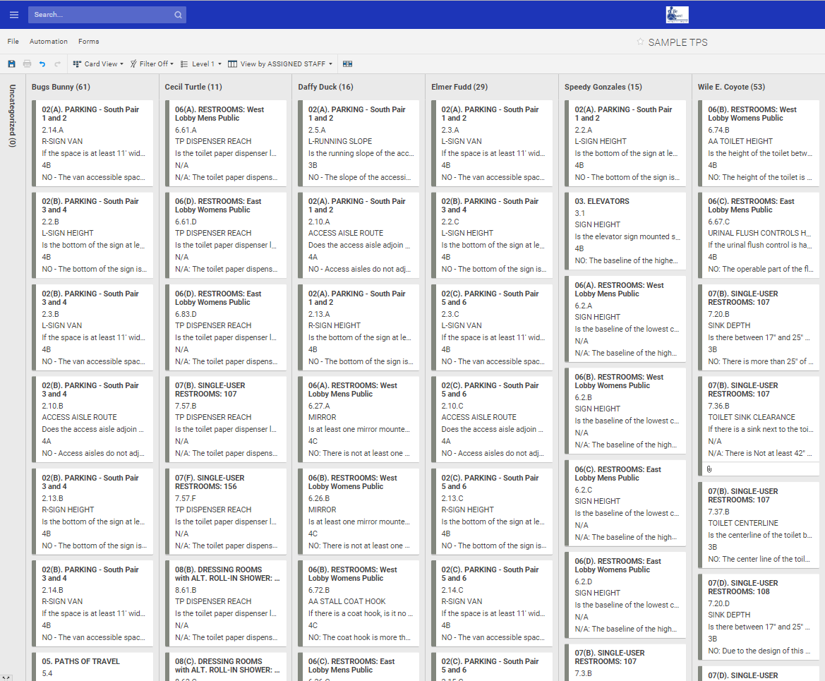 Transition Plan Spreadsheet card view, organized by assigned staff