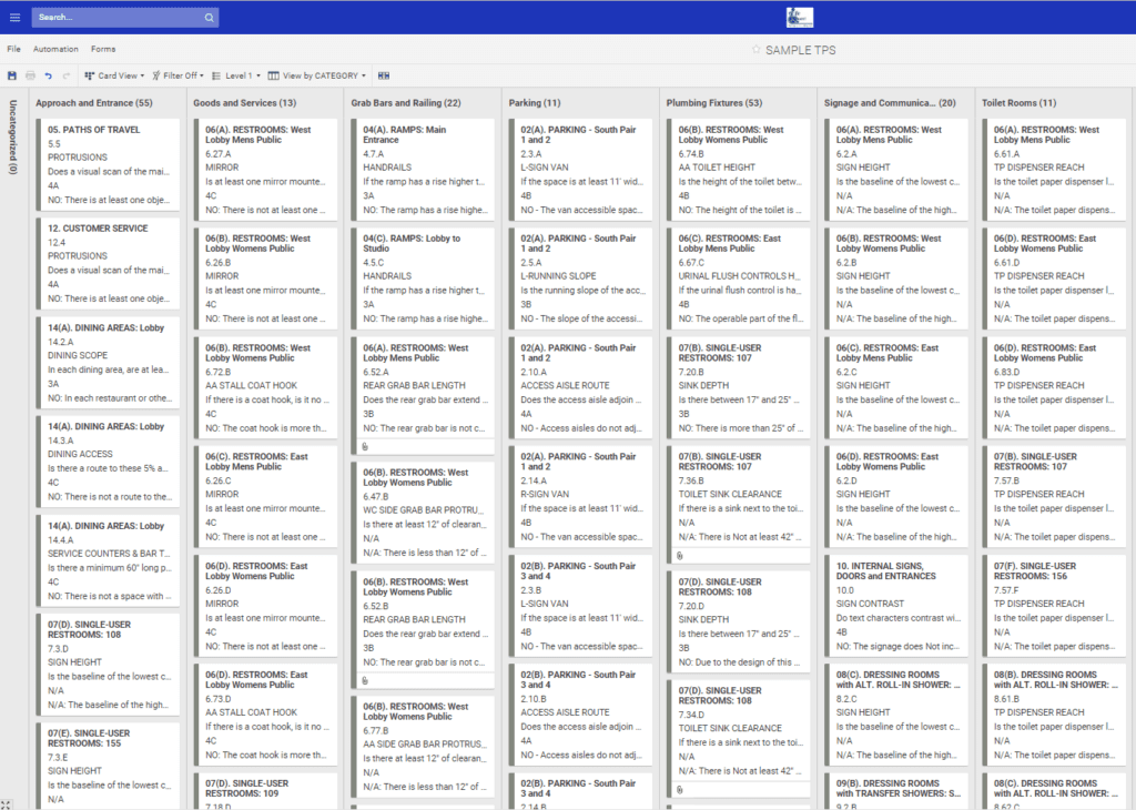 Transition Plan Spreadsheet card view, organized by category