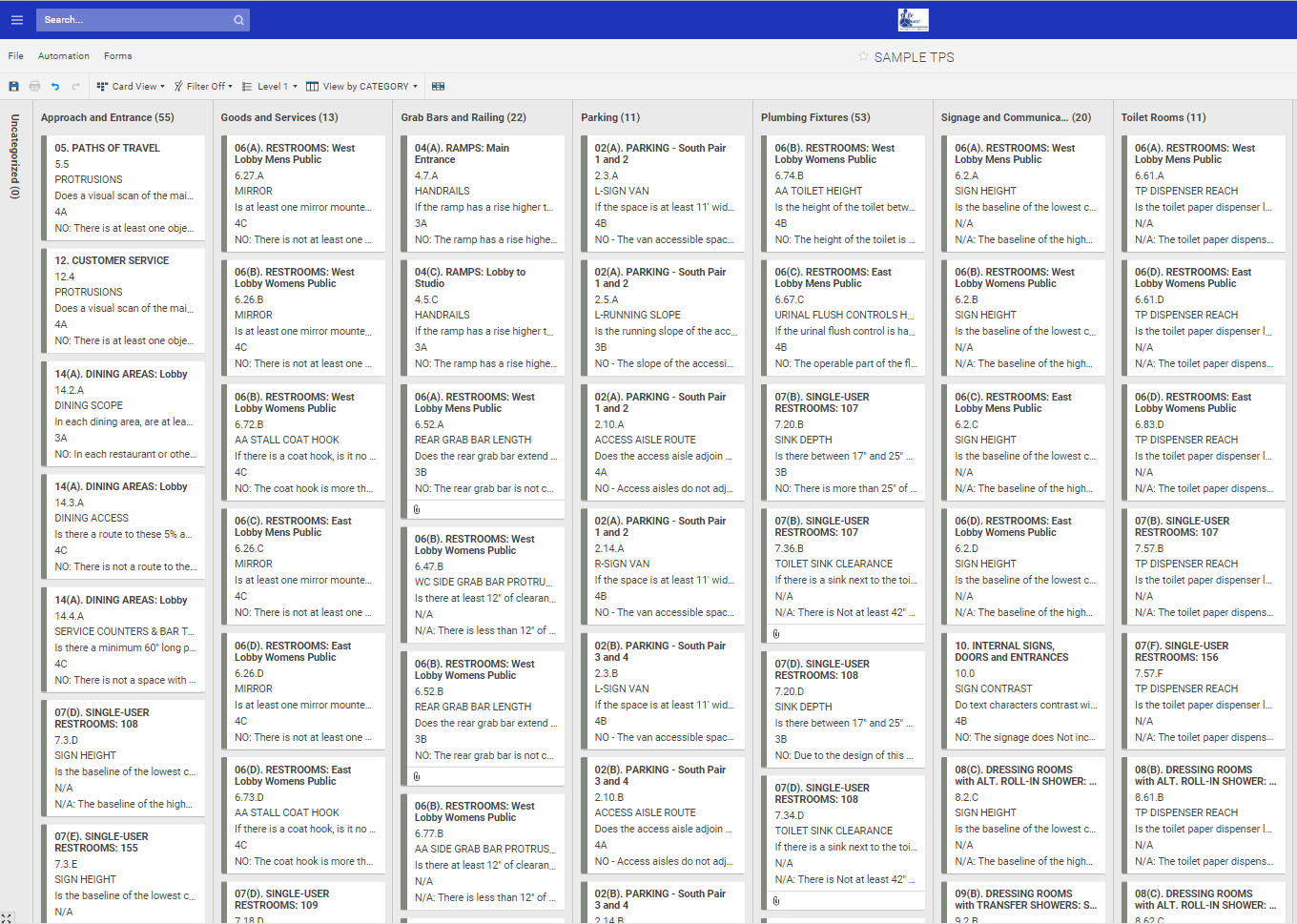 Transition Plan Spreadsheet card view, organized by category