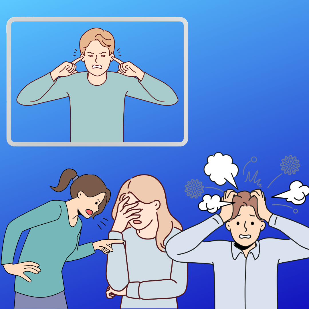 An illustration of several individuals expressing frustration and anxiety in response to another individual being verbally reprimanded.